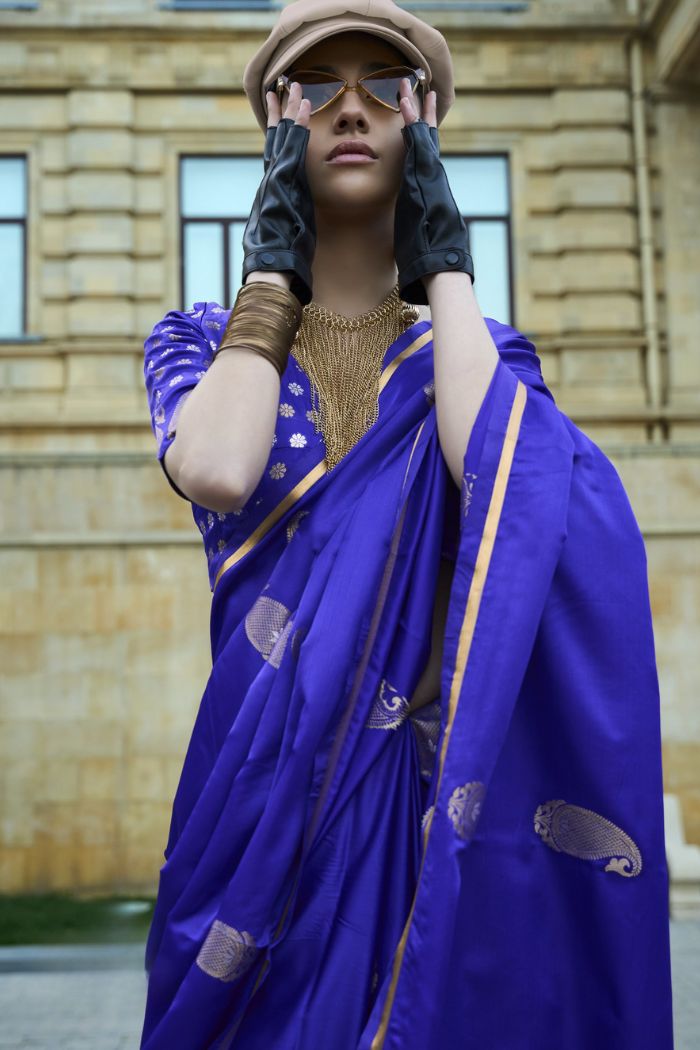 Buy MySilkLove Ocean Blue Pearl Banarasi Satin Saree Online