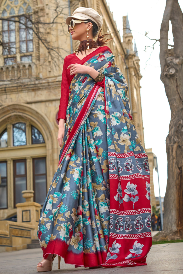 Buy MySilkLove Slate Grey and Red Printed Satin Crepe Saree Online