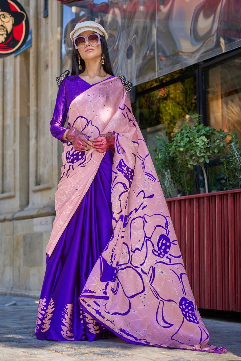 Buy MySilkLove Blue Gem and Pink Printed Satin Crepe Sarees Online