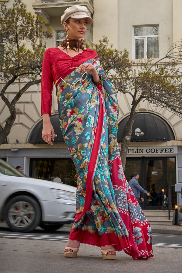 Buy MySilkLove Slate Grey and Red Printed Satin Crepe Saree Online