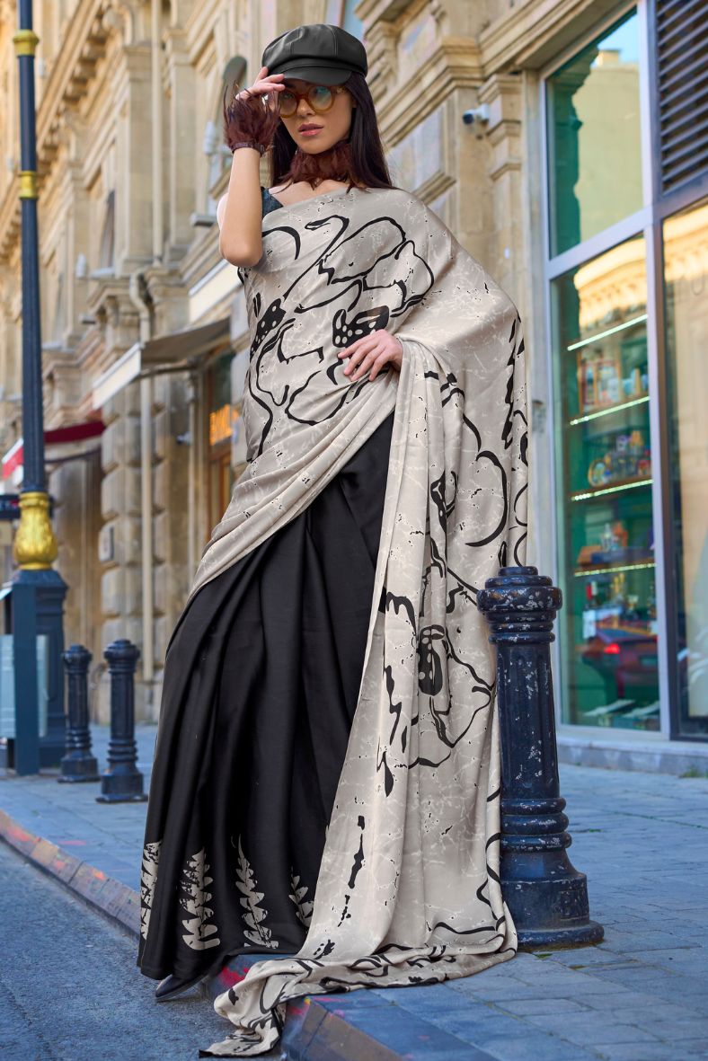 Buy MySilkLove Silver Rust Grey and Black Printed Satin Crepe Sarees Online