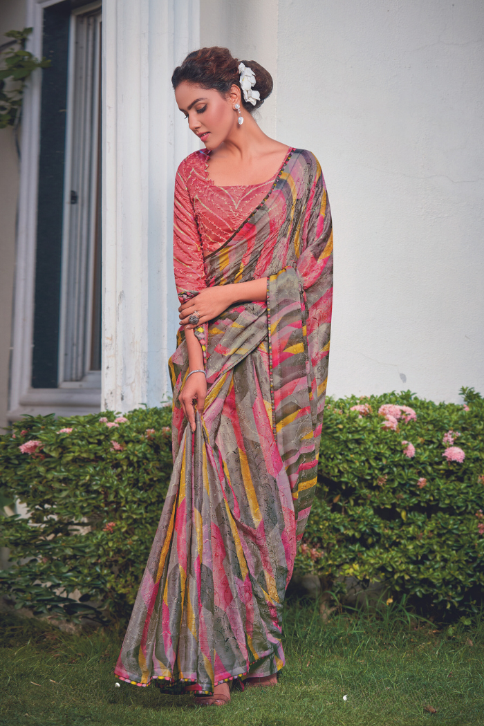 Buy MySilkLove Thatch Grey and Pink Georgette Chiffon Saree Online