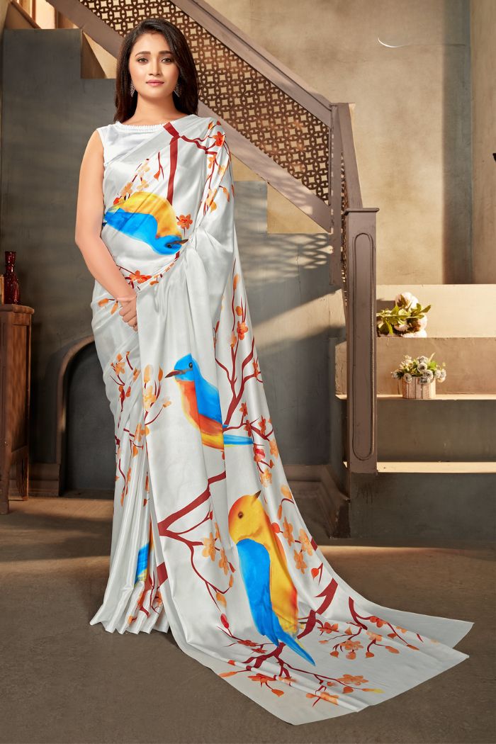 Buy MySilkLove Cararra White Printed Satin Crepe Saree Online