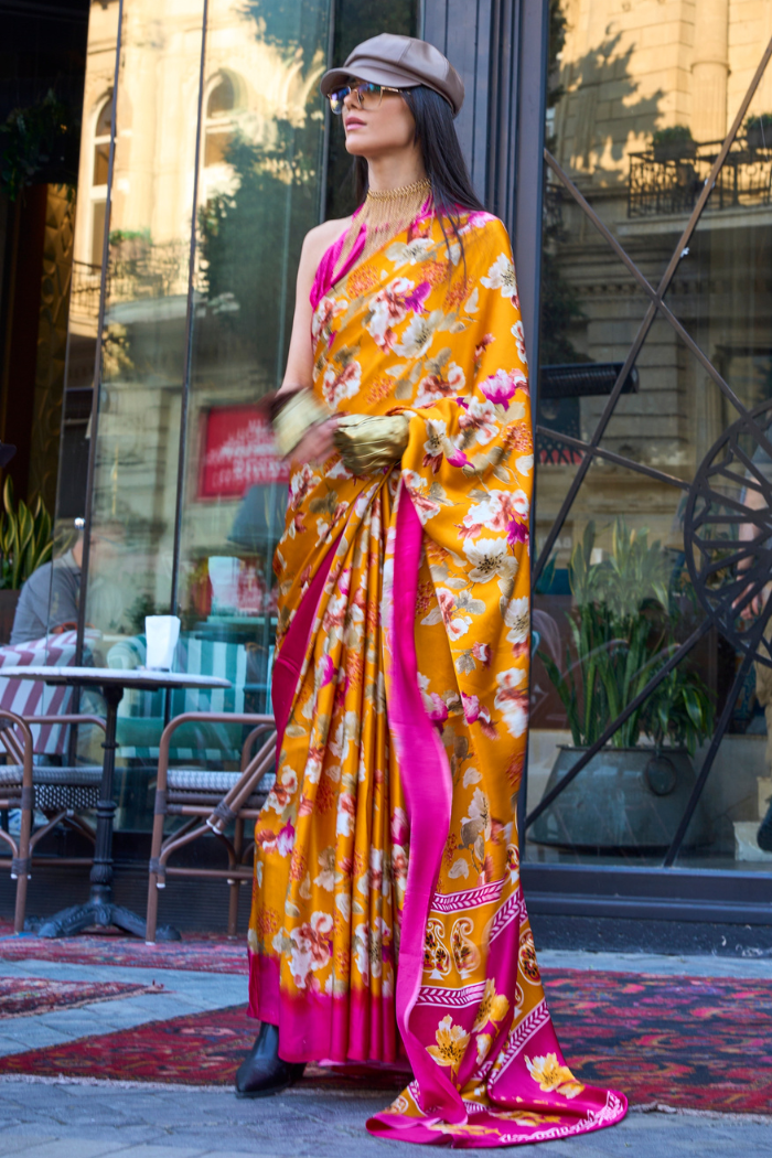 Buy MySilkLove Sunglow Yellow and Pink Printed Satin Crepe Saree Online