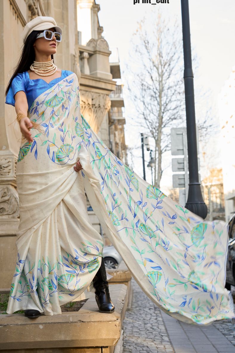 Buy MySilkLove Ash Cream Printed Satin Crepe Sarees Online