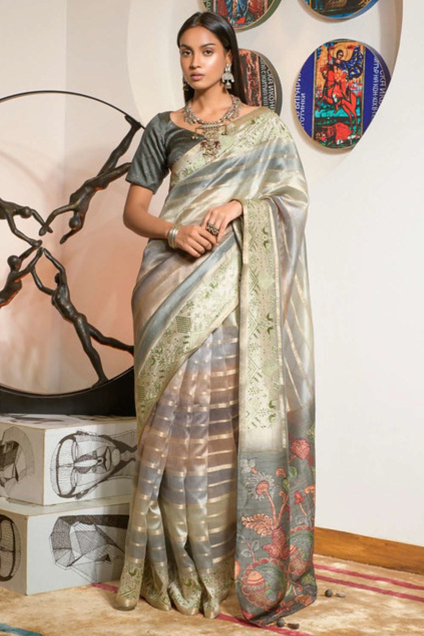 Buy MySilkLove Bison Hide Grey Organza Saree Online