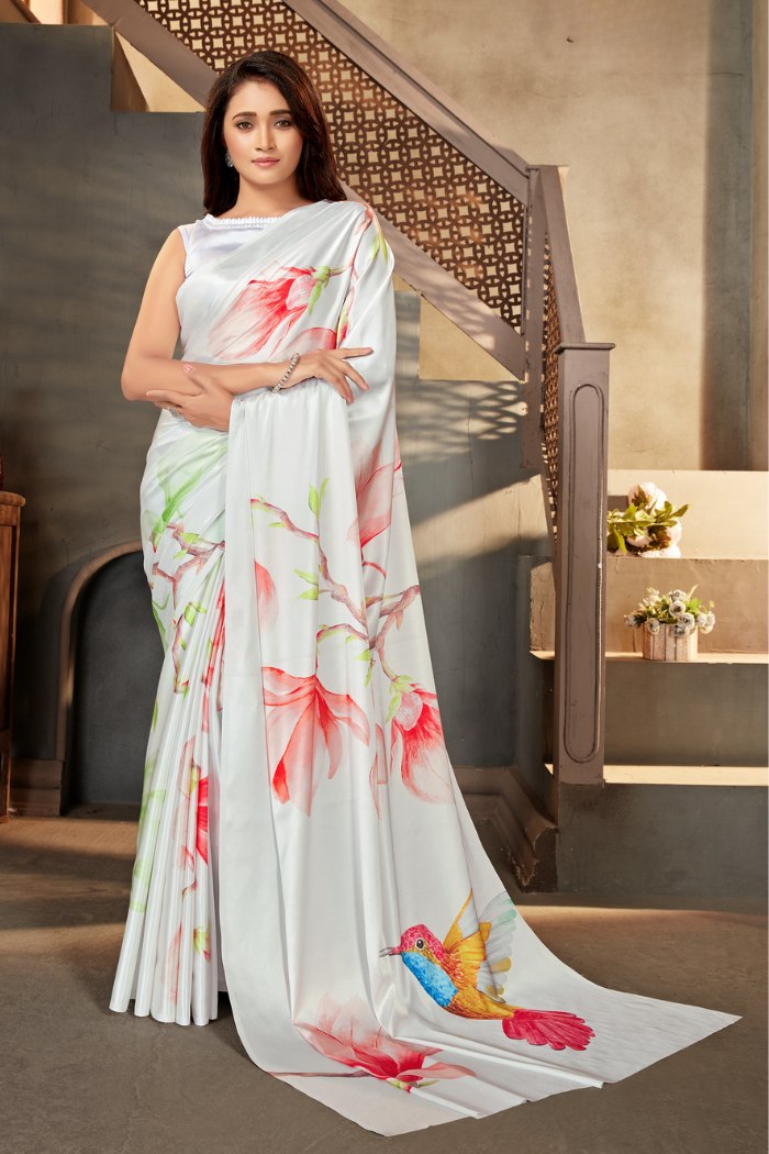 Buy MySilkLove Desert Storm White Printed Satin Crepe Saree Online