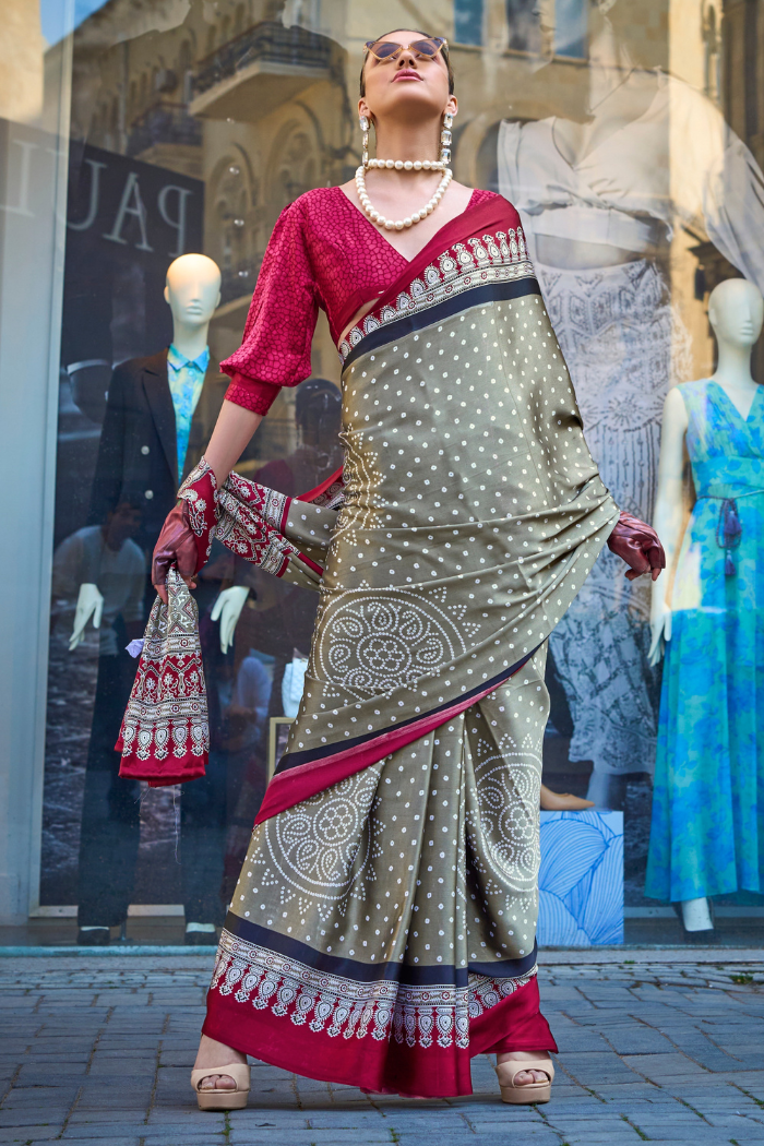 Buy MySilkLove Stack Grey and Red Printed Satin Crepe Saree Online