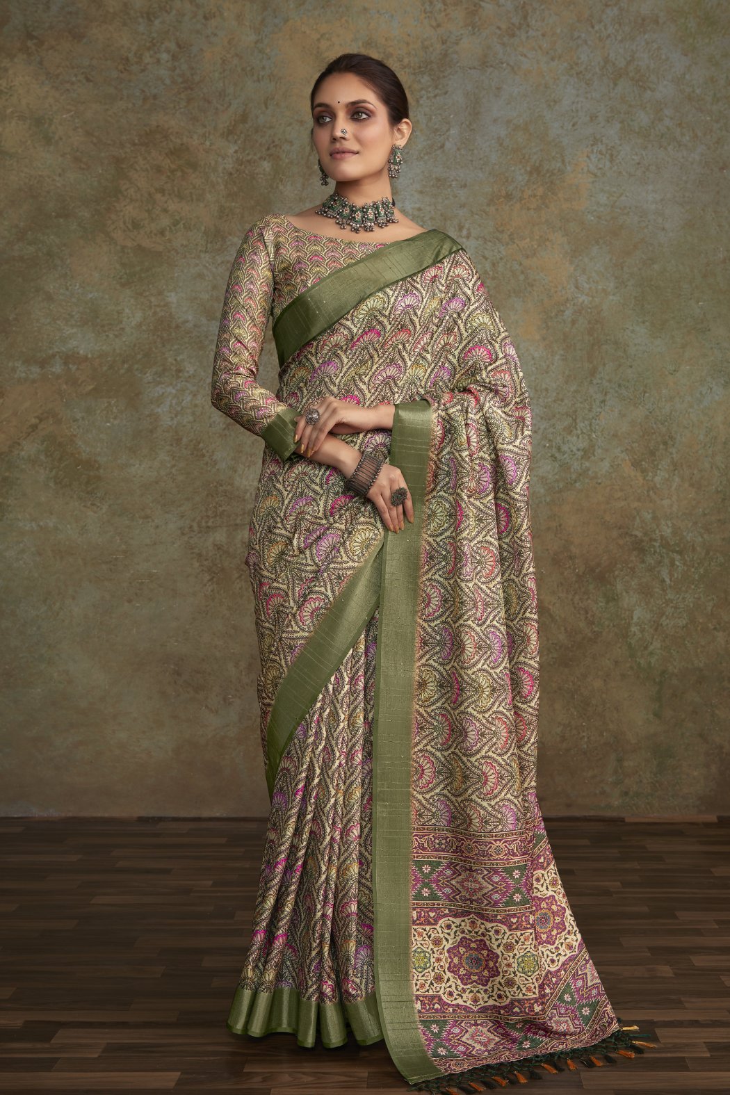 Buy MySilkLove Heathered Green Banarasi Digital Printed Saree Online