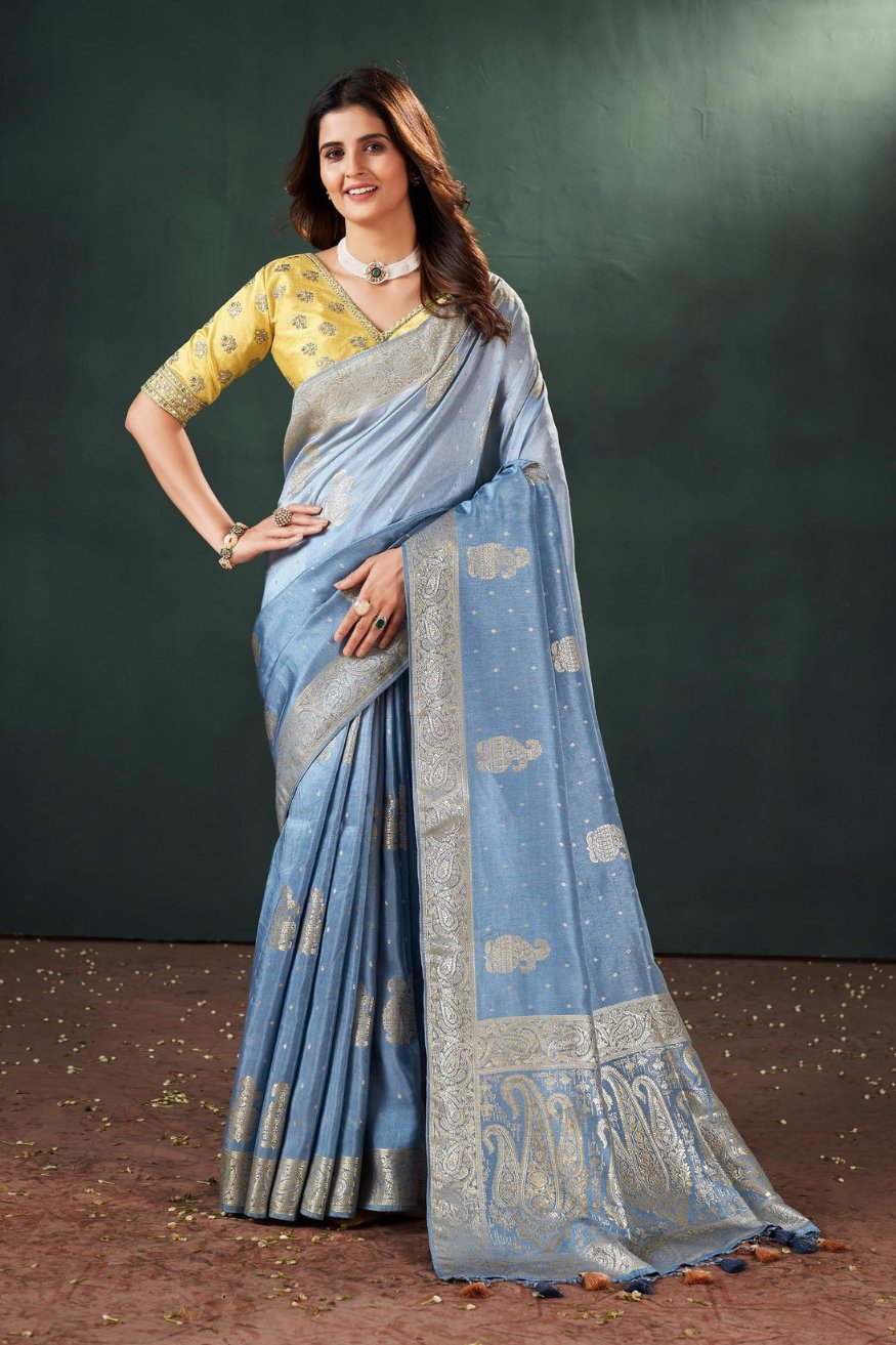 Buy MySilkLove Water Blue and Yellow Designer Banarasi Saree Online