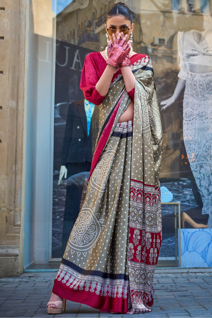 Buy MySilkLove Stack Grey and Red Printed Satin Crepe Saree Online