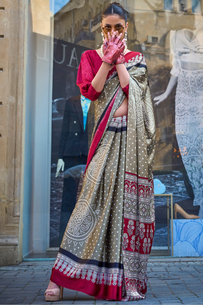 MySilkLove Stack Grey and Red Printed Satin Crepe Saree