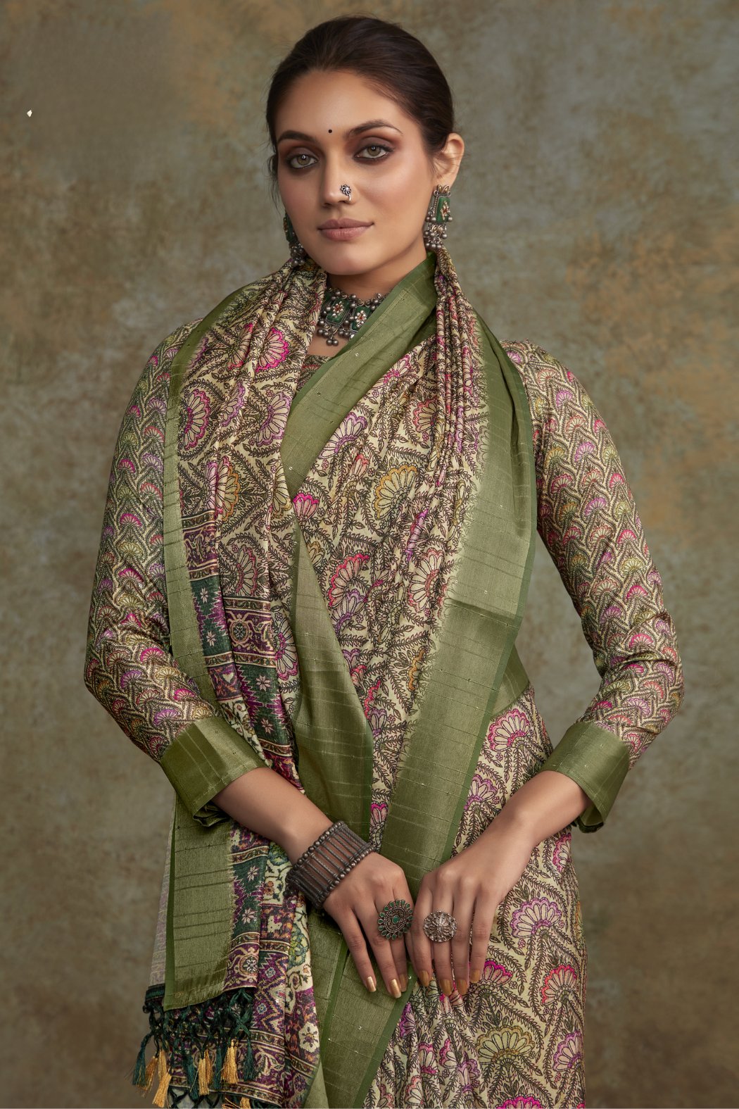 Buy MySilkLove Heathered Green Banarasi Digital Printed Saree Online
