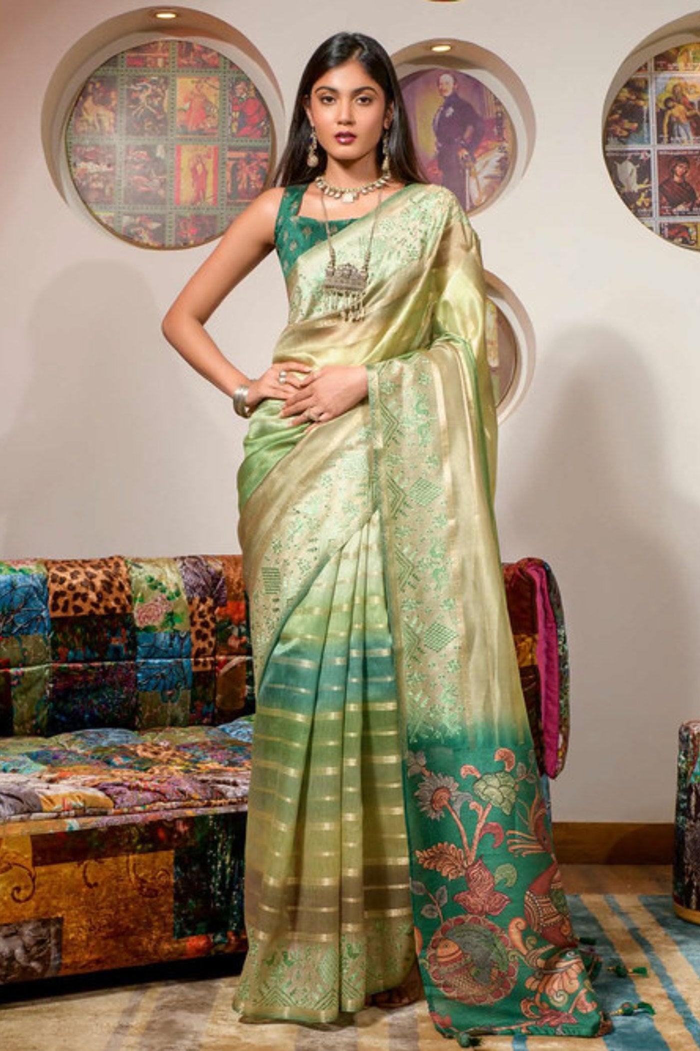 Buy MySilkLove Olivine Green Organza Saree Online