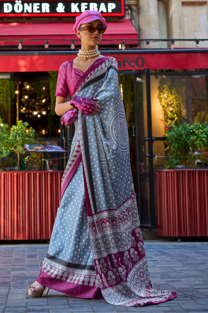 Buy MySilkLove Rock Blue and Purple Printed Satin Crepe Saree Online