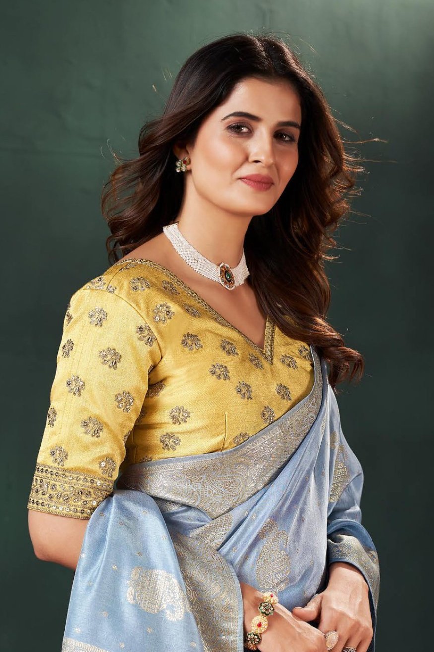 Buy MySilkLove Water Blue and Yellow Designer Banarasi Saree Online