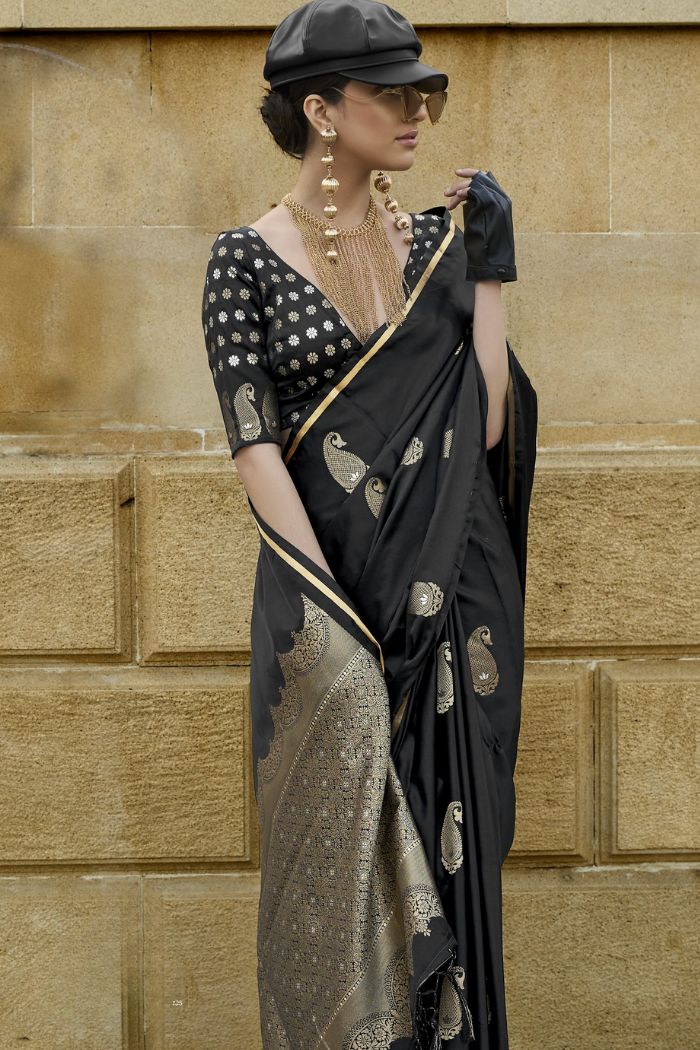 Buy MySilkLove Onyx Black Banarasi Satin Saree Online