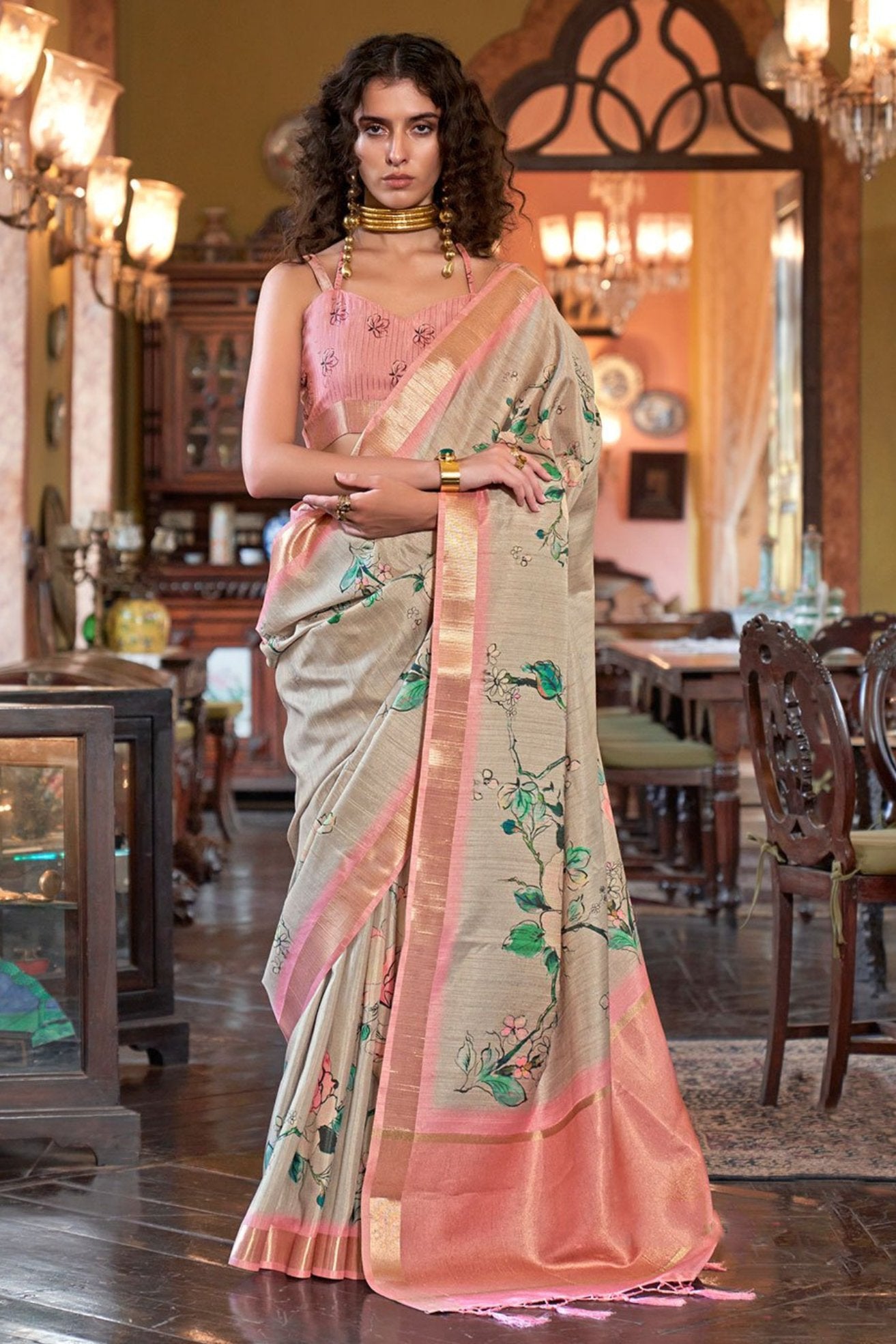 Buy MySilkLove Chino Cream and Peach Banarasi Floral Printed Saree Online