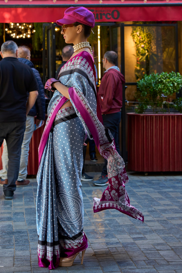 Buy MySilkLove Rock Blue and Purple Printed Satin Crepe Saree Online