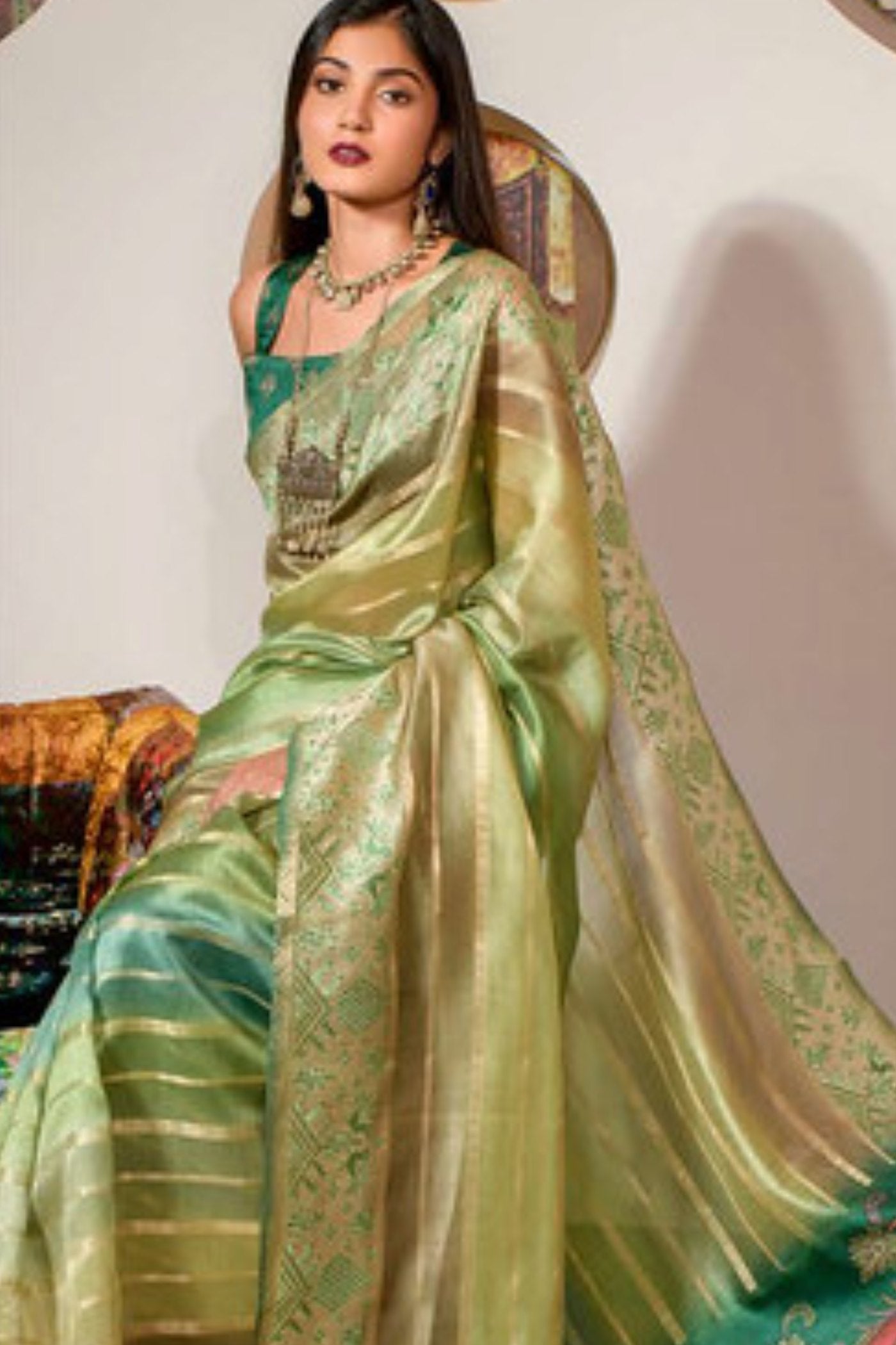 Buy MySilkLove Olivine Green Organza Saree Online