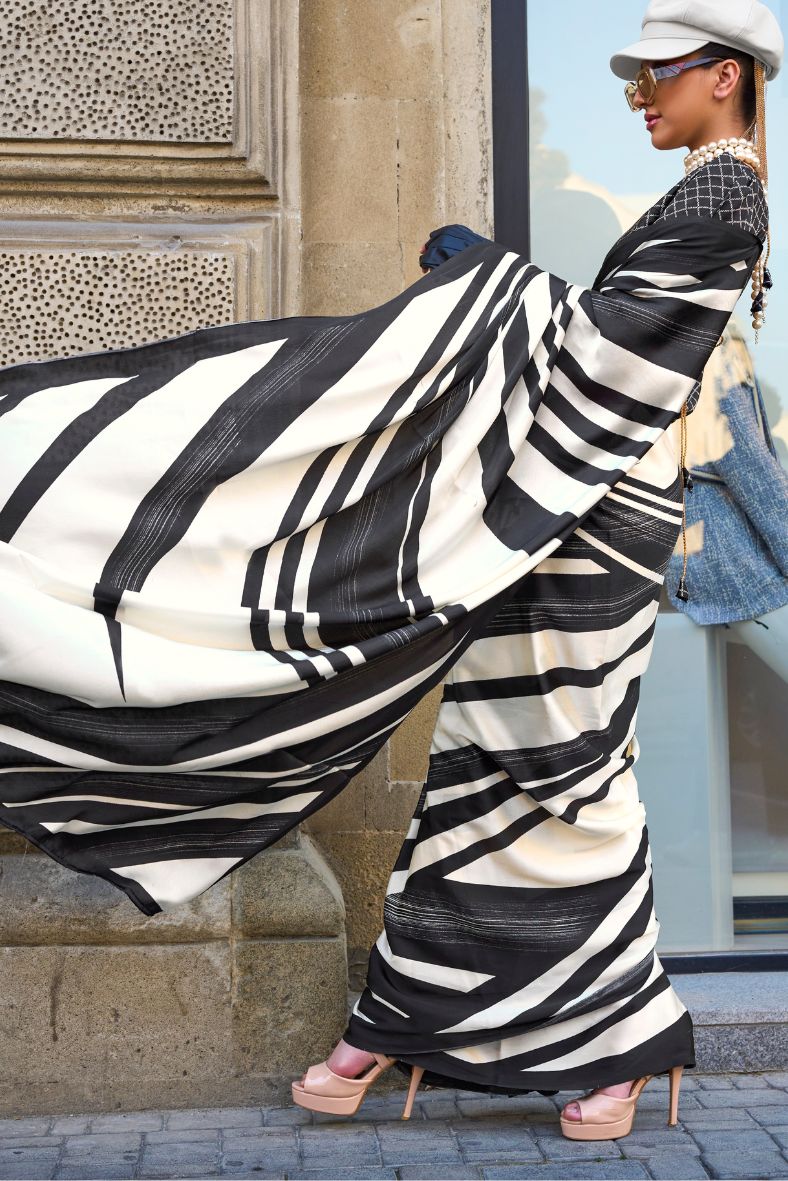 Buy MySilkLove Scarpa Flow Black and White Printed Satin Crepe Saree Online