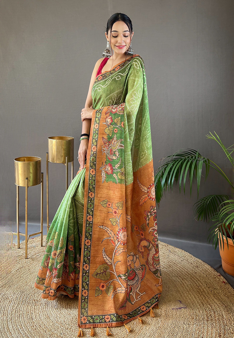 Buy MySilkLove Asparagus Green Cotton Printed Kalamkari Saree Online