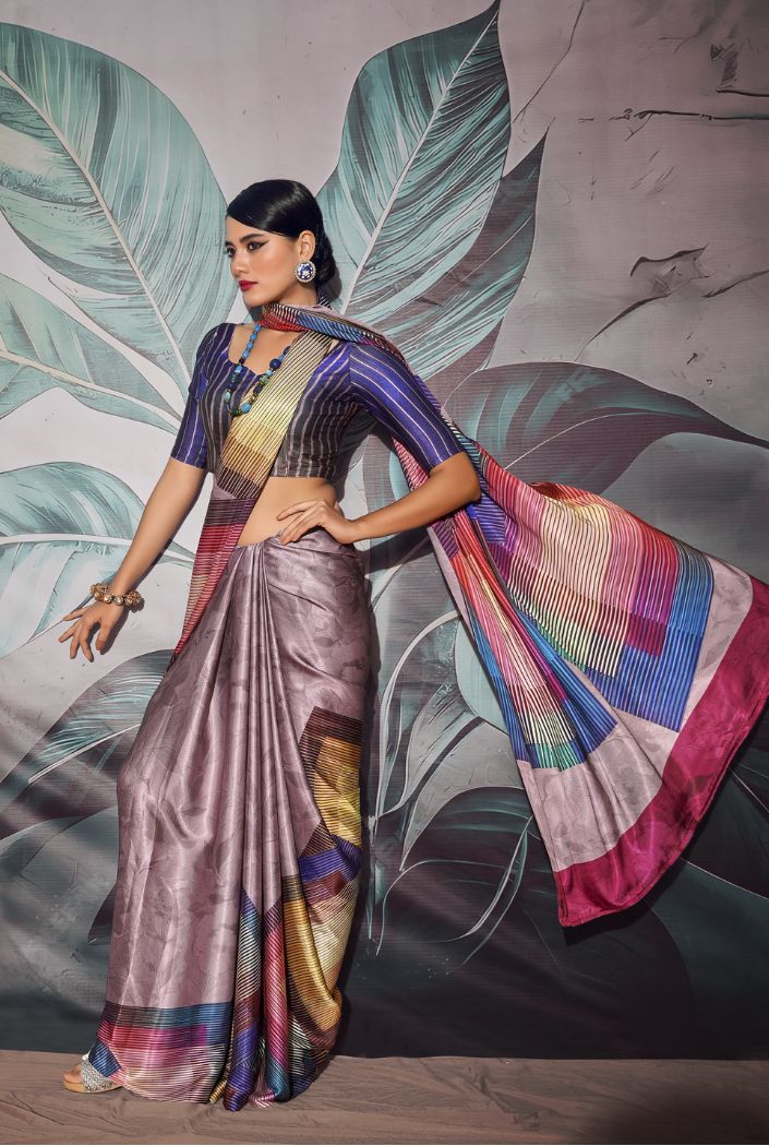 DARK PURPLE SATIN SILK EMBROIDERED SAREE