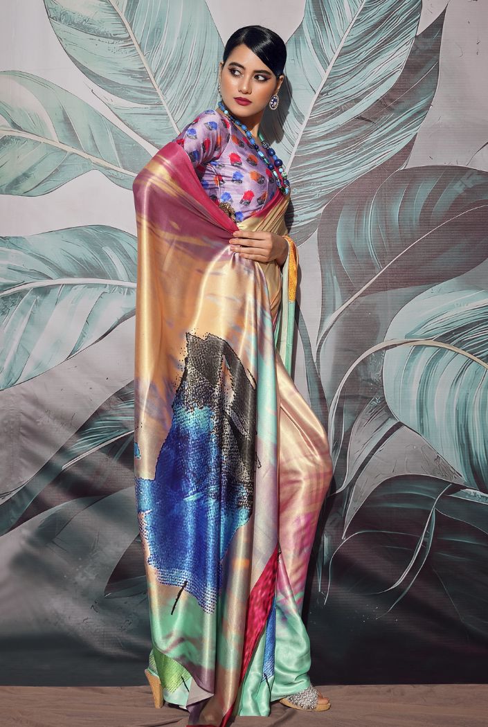 Buy MySilkLove Multicolor Cream Printed Satin Silk Saree Online