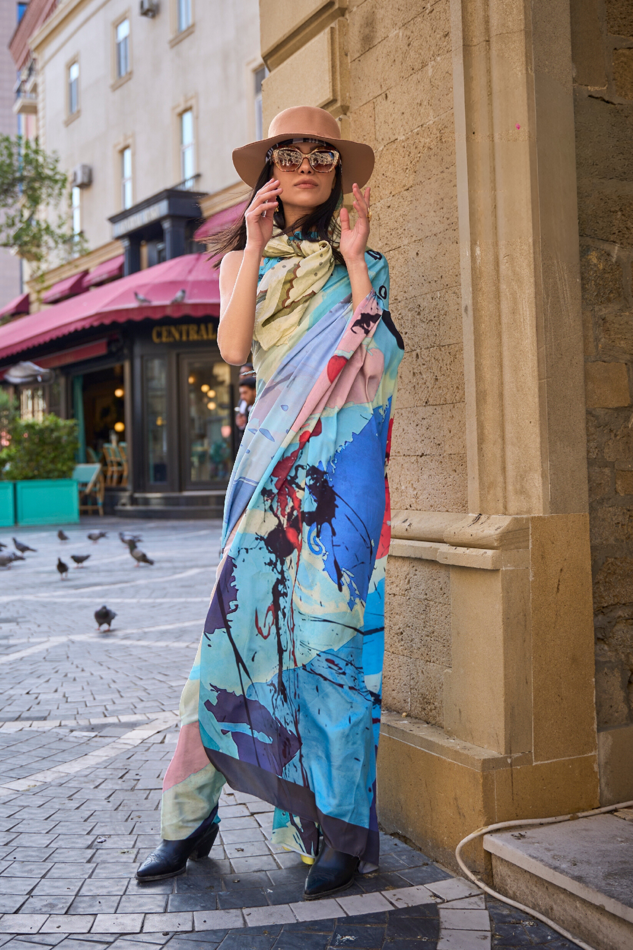Buy MySilkLove Winter Blue Printed Handloom Satin Saree Online