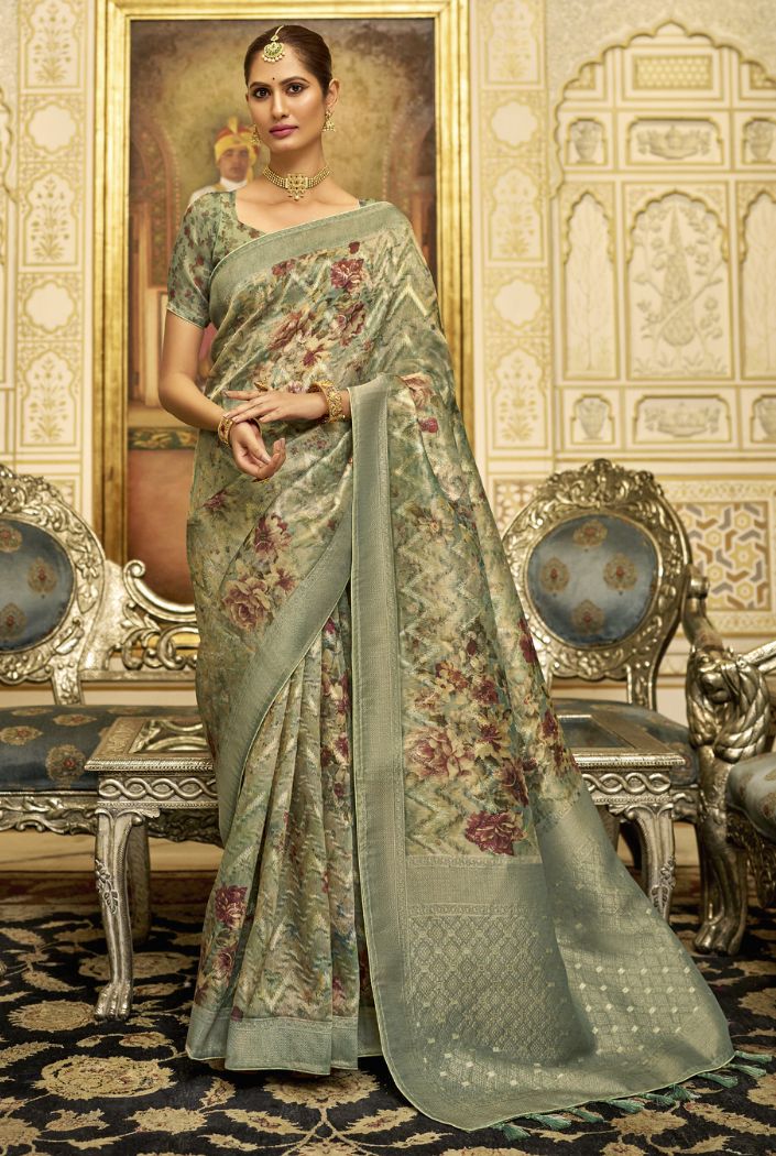 Buy MySilkLove Clay Creek Green Organza Tissue Silk Saree Online