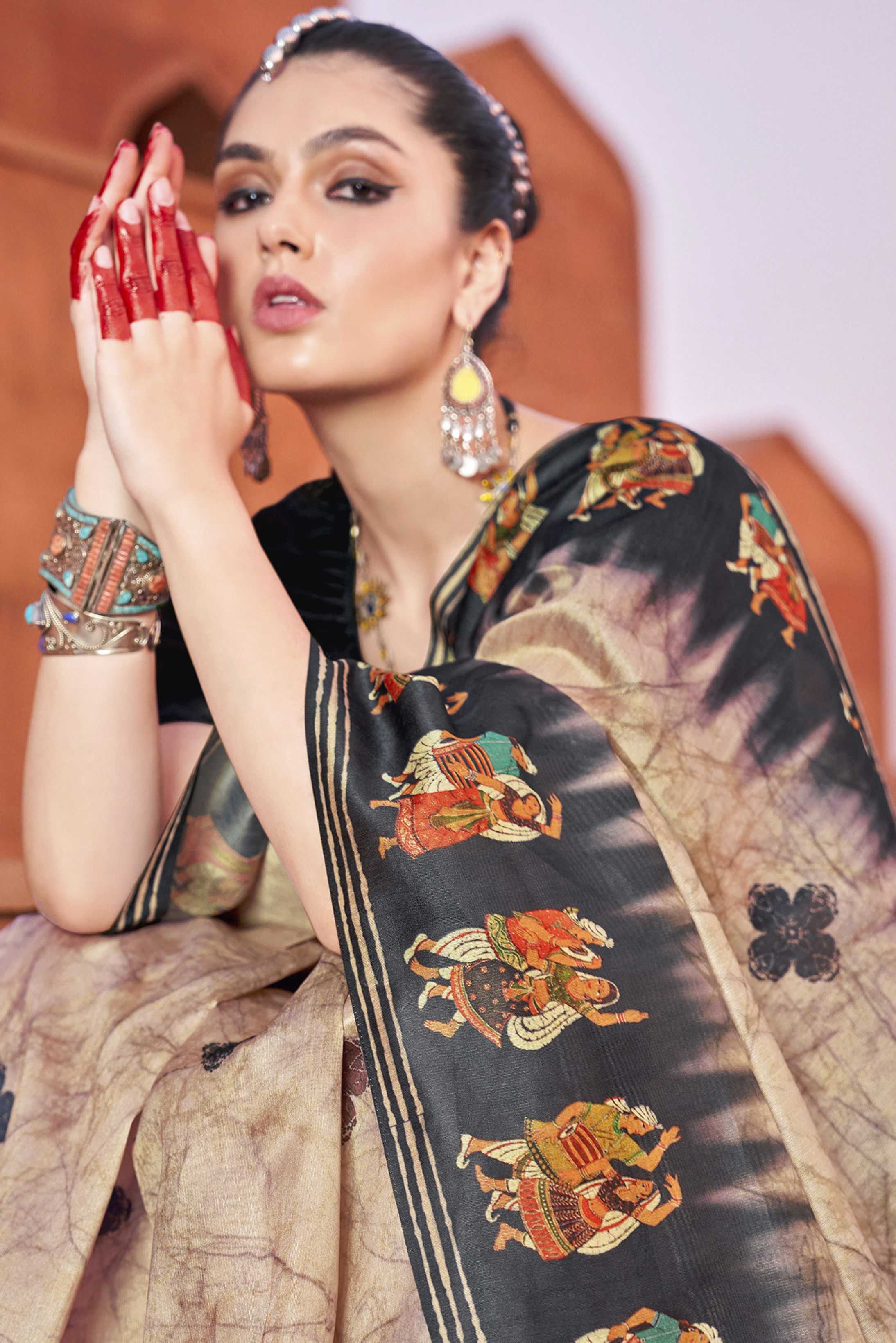 Buy MySilkLove Mongoose Cream & Black Handloom Tussar Silk Saree Online