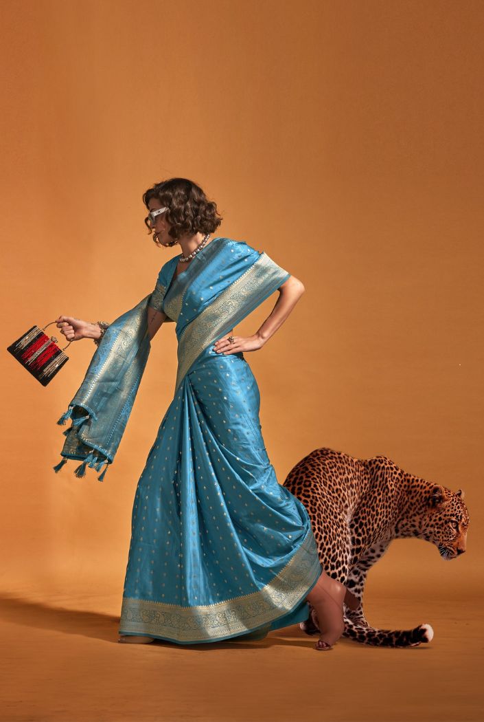 Buy MySilkLove Steel Blue Handloom Satin Silk Saree Online