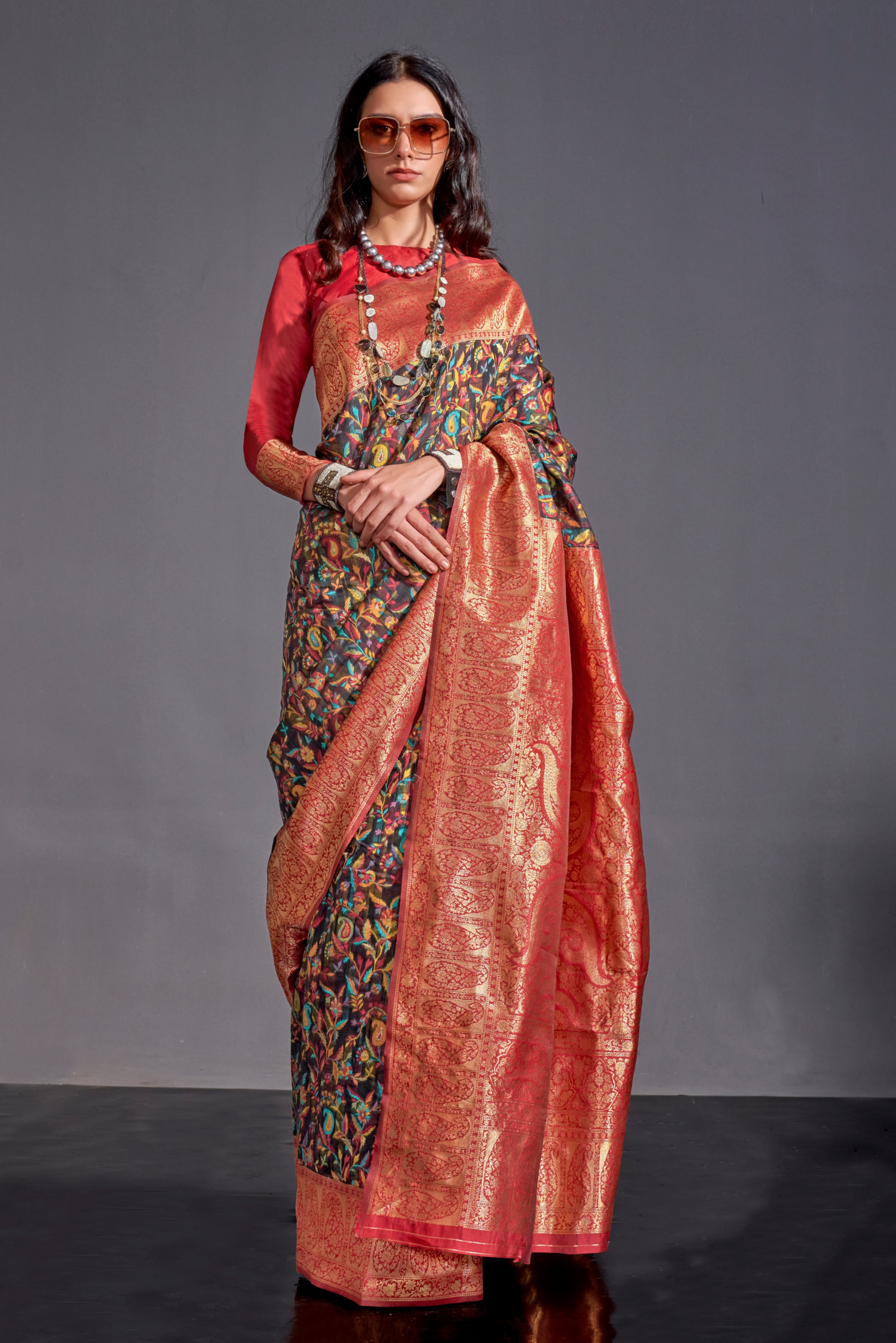 Buy MySilkLove Umber Brown and Black Kashmiri Handloom Silk Saree Online