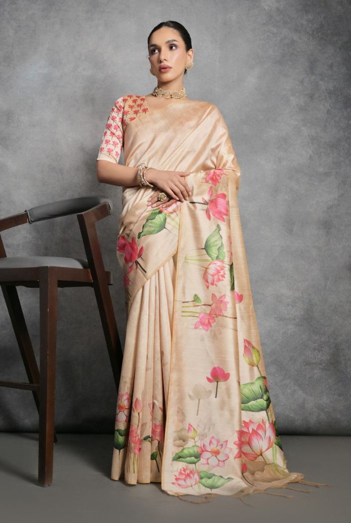 MySilkLove Tan Cream Floral Printed Tussar Silk Saree