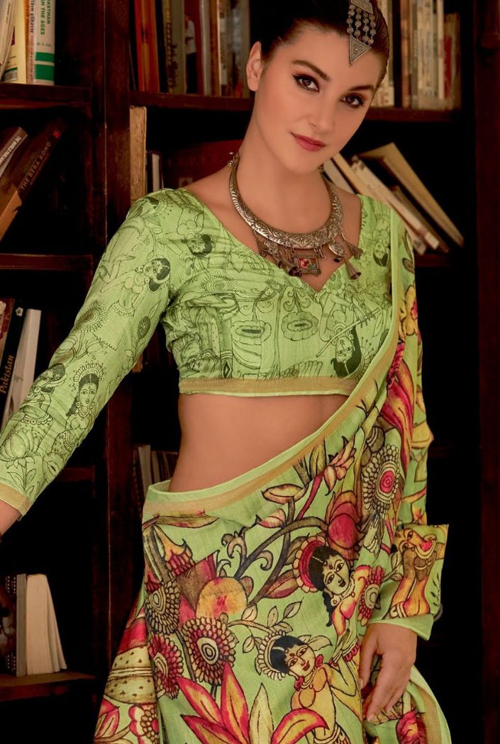 MySilkLove Neon Green Chitrapatta Kalamkari Saree