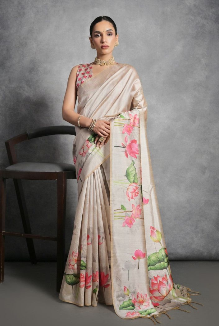 MySilkLove Soft Amber Cream Floral Printed Tussar Silk Saree