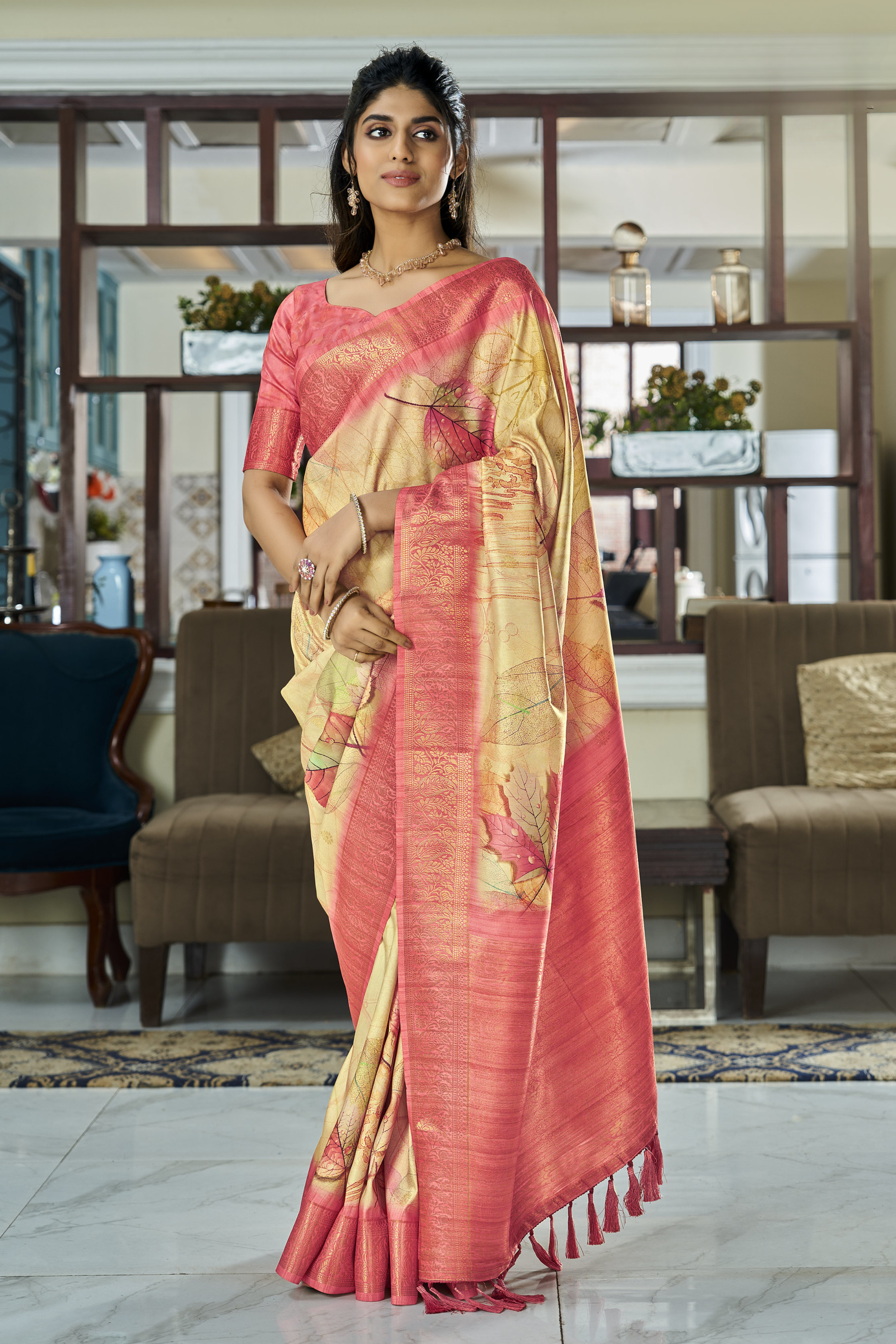 Buy MySilkLove Whiskey Brown Banarasi Digital Printed Soft Silk Saree Online