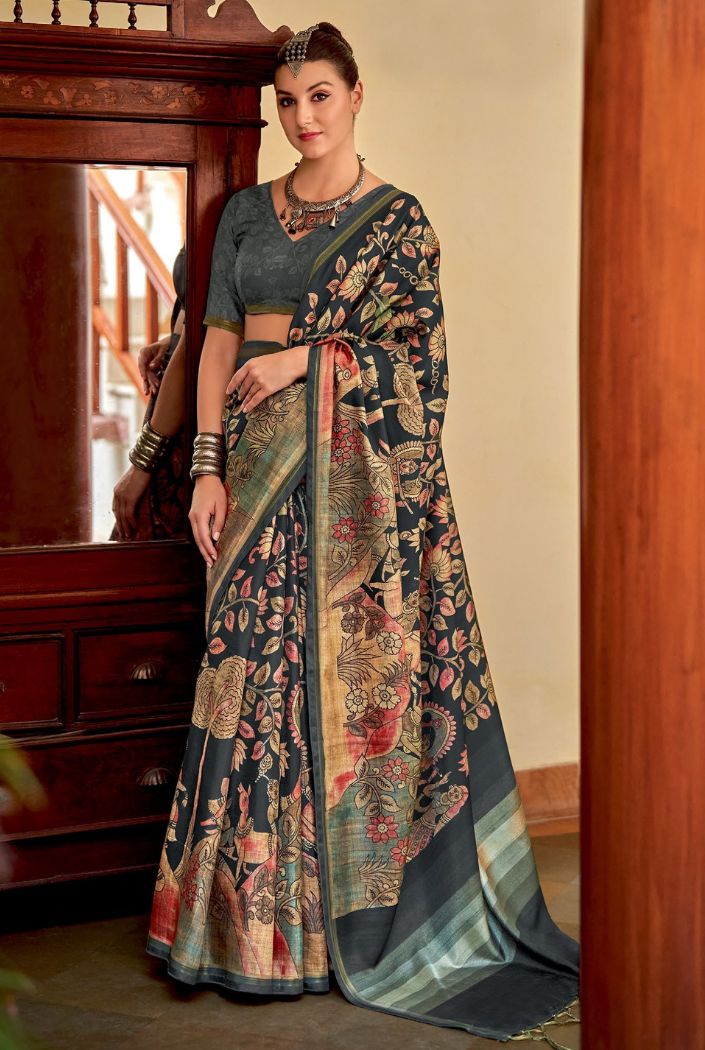 Buy MySilkLove Outer Space Grey Chitrapatta Kalamkari Saree Online