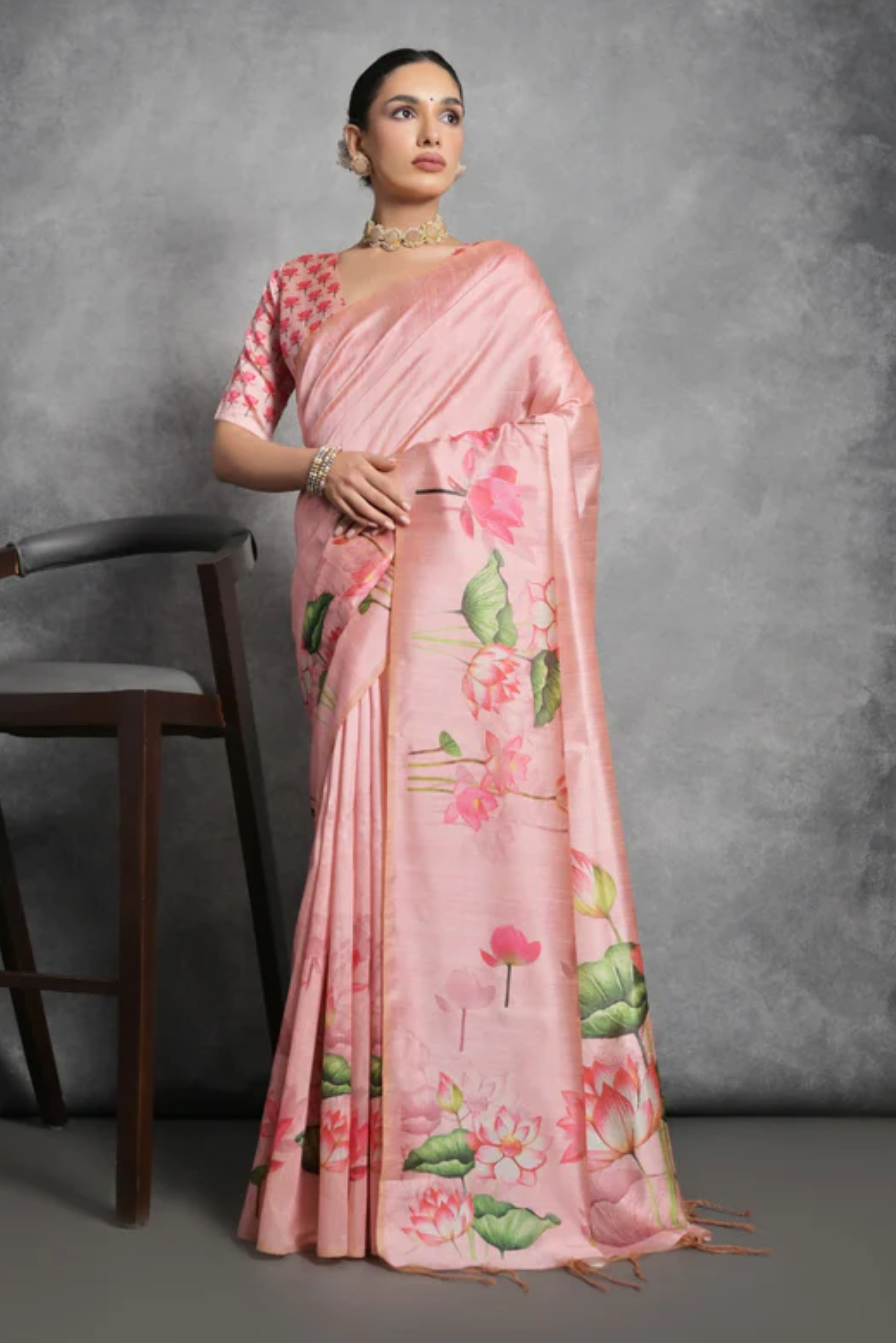 Buy MySilkLove Oriental Pink Floral Printed Tussar Silk Saree Online