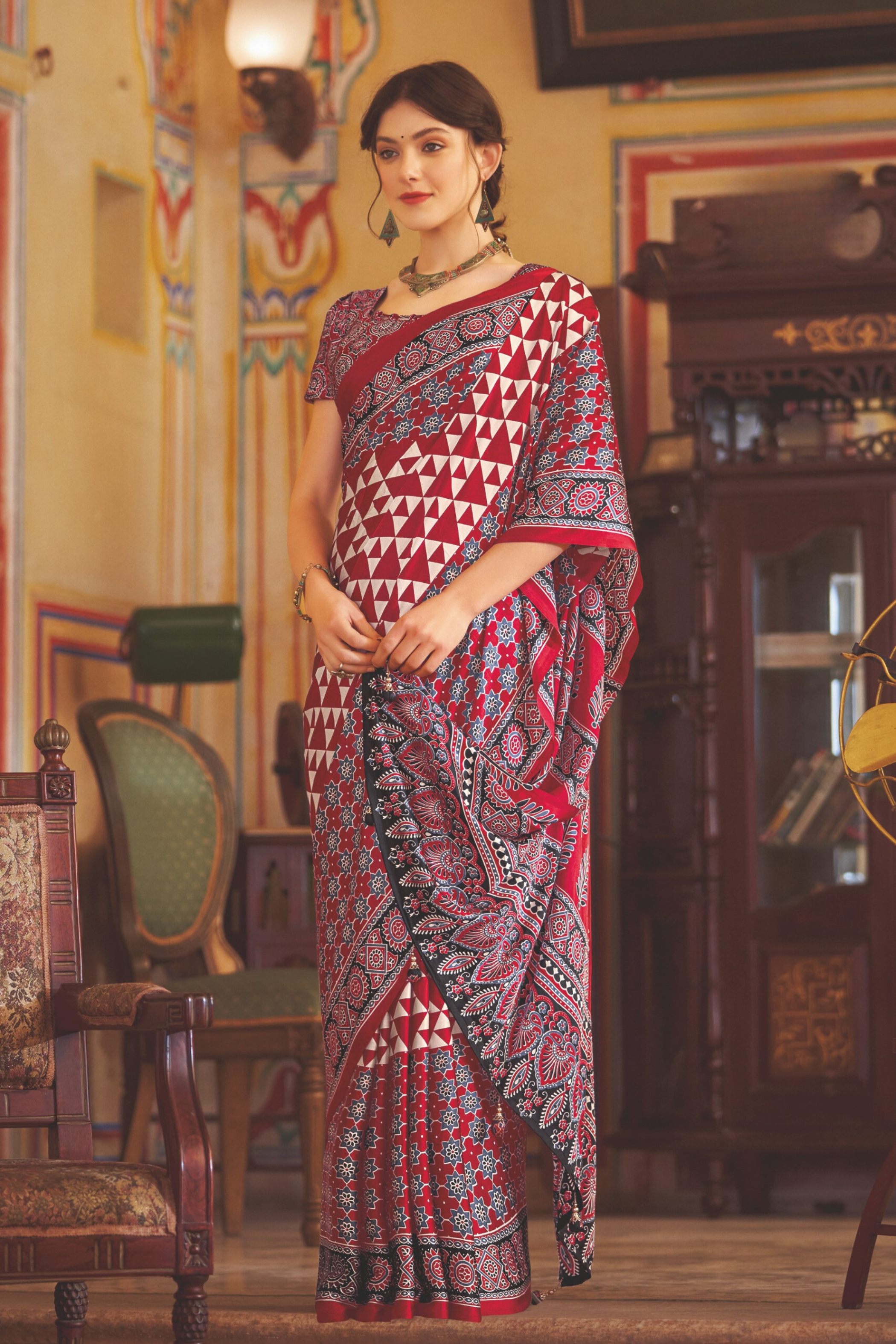 Buy MySilkLove Tosca Maroon Ajrakh Printed Satin Crepe Saree Online