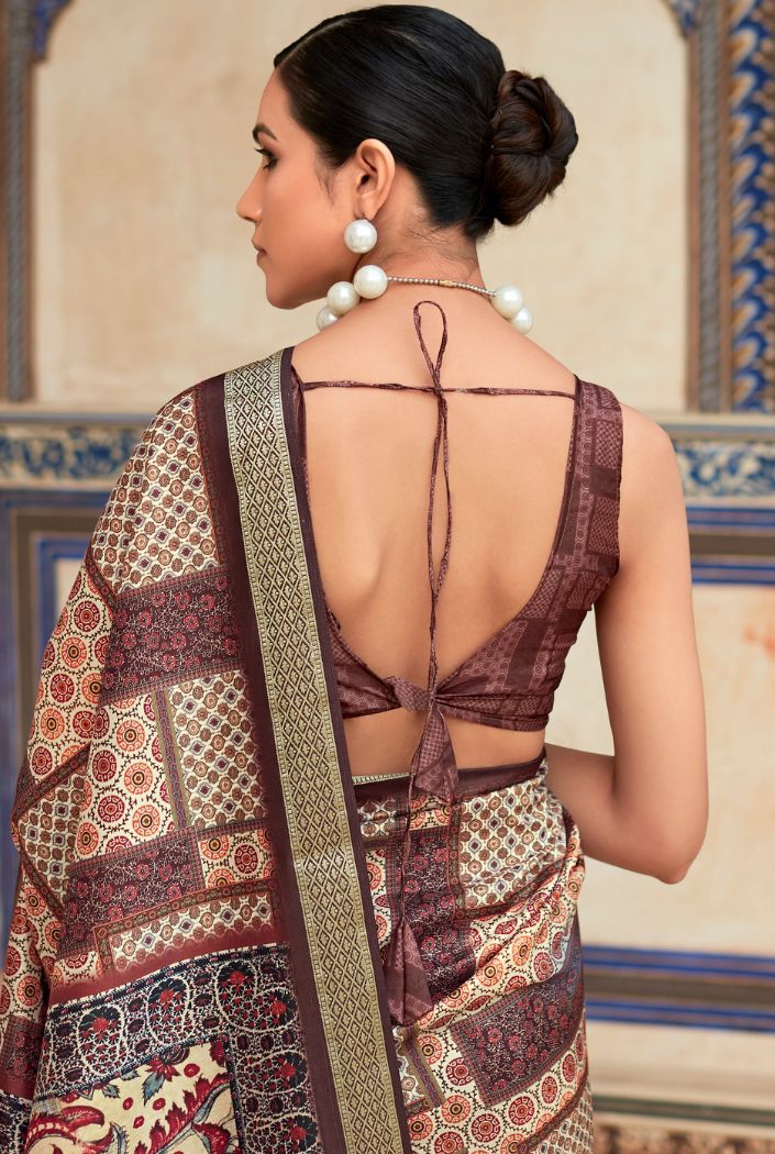Buy MySilkLove Syrup Brown Banarasi Printed Silk Saree Online
