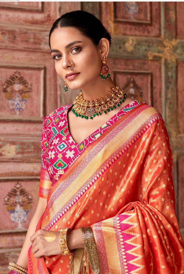 Buy MySilkLove Cadmium Orange Woven Zari Banarasi Patola Silk Saree Online