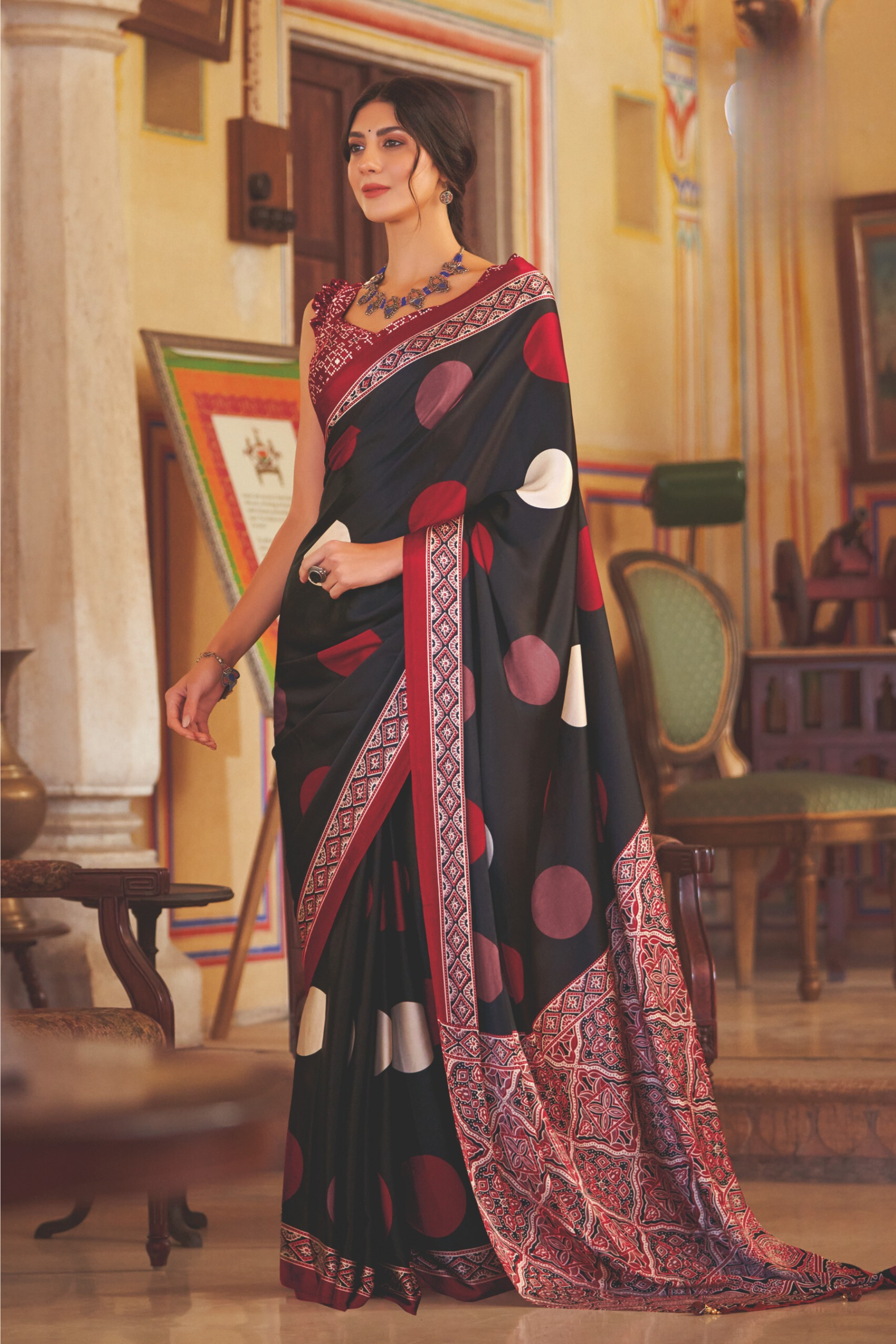 Buy MySilkLove Mine Shaft Black Ajrakh Printed Satin Crepe Saree Online