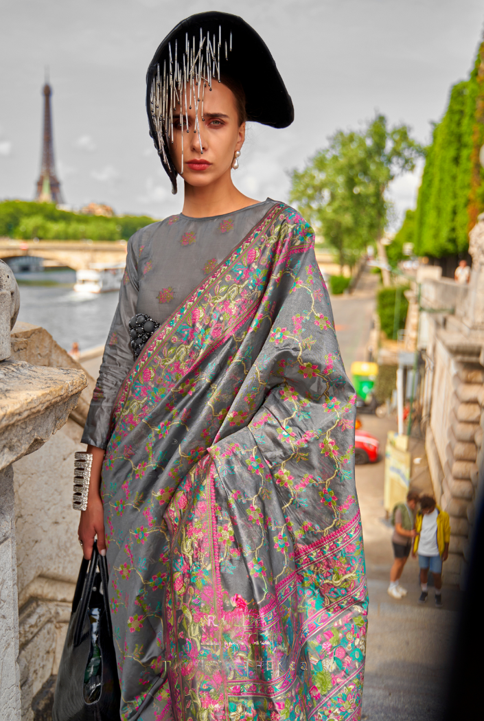 Buy MySilkLove Smoke Grey Organza Handloom Parsi Saree Online