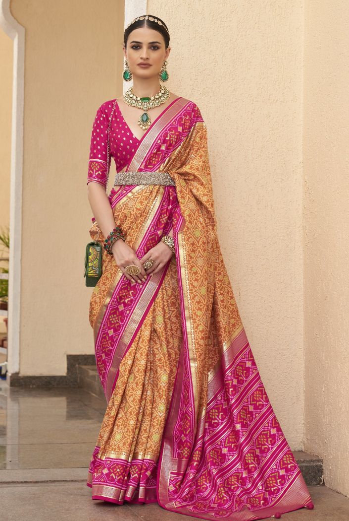 Buy MySilkLove Tulip Tree Yellow and Pink Printed Patola Silk Saree Online