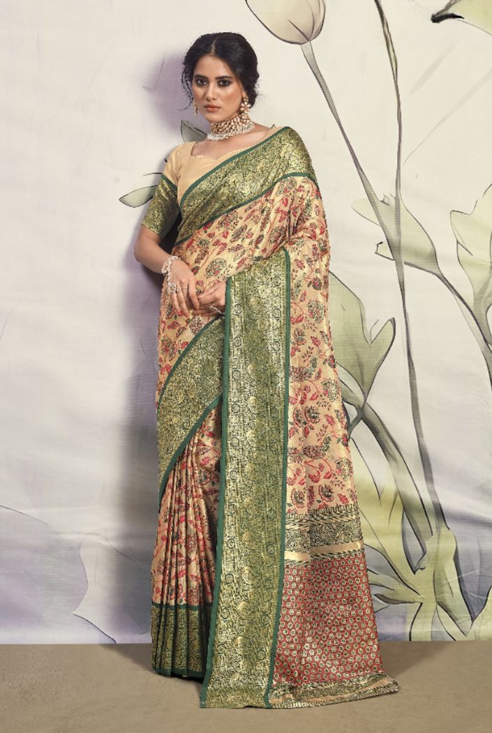 Finlandia Green and Cream Woven Banarasi Saree – MySilkLove