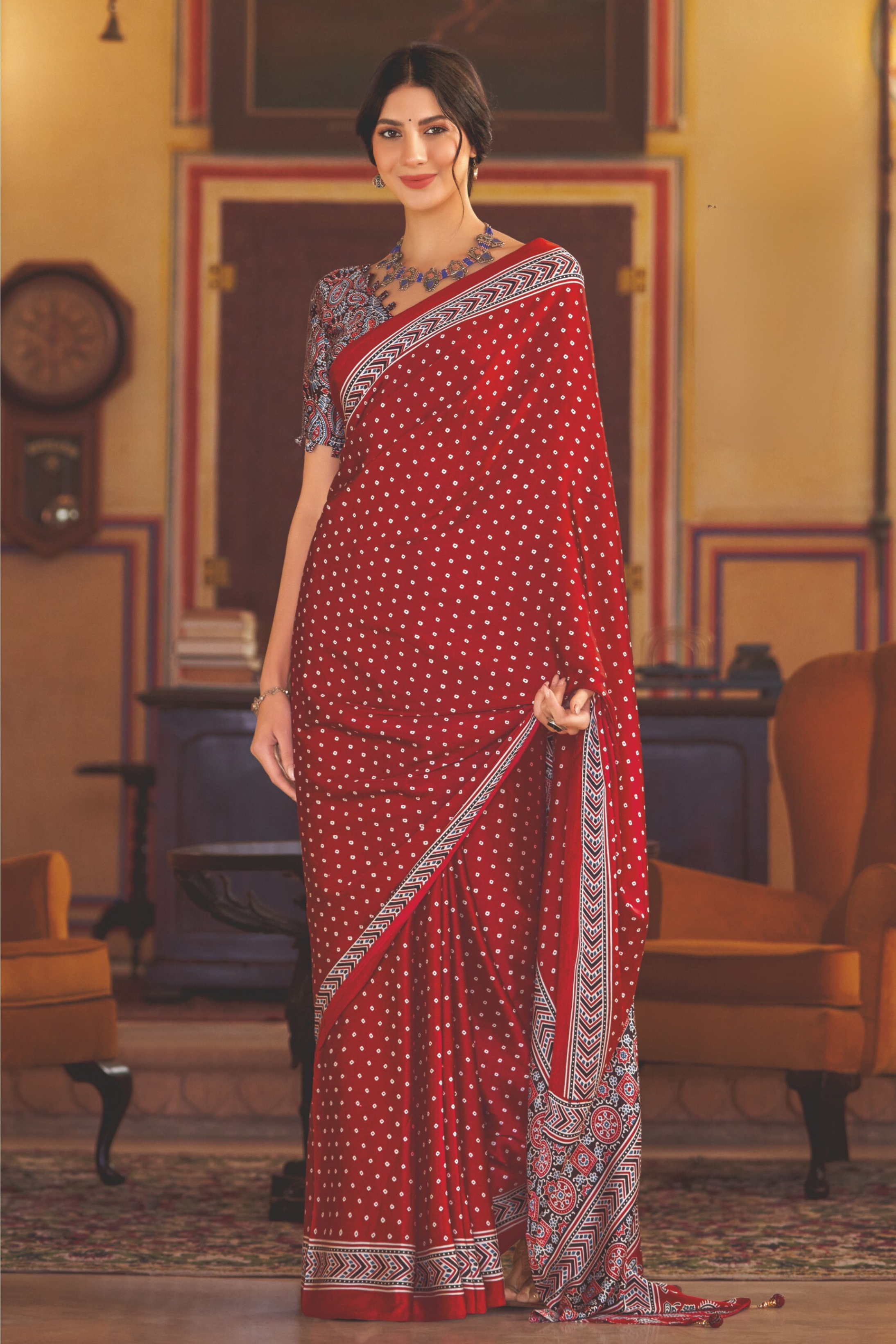 Buy MySilkLove Medium Carmine Red and Maroon Ajrakh Printed Satin Crepe Saree Online