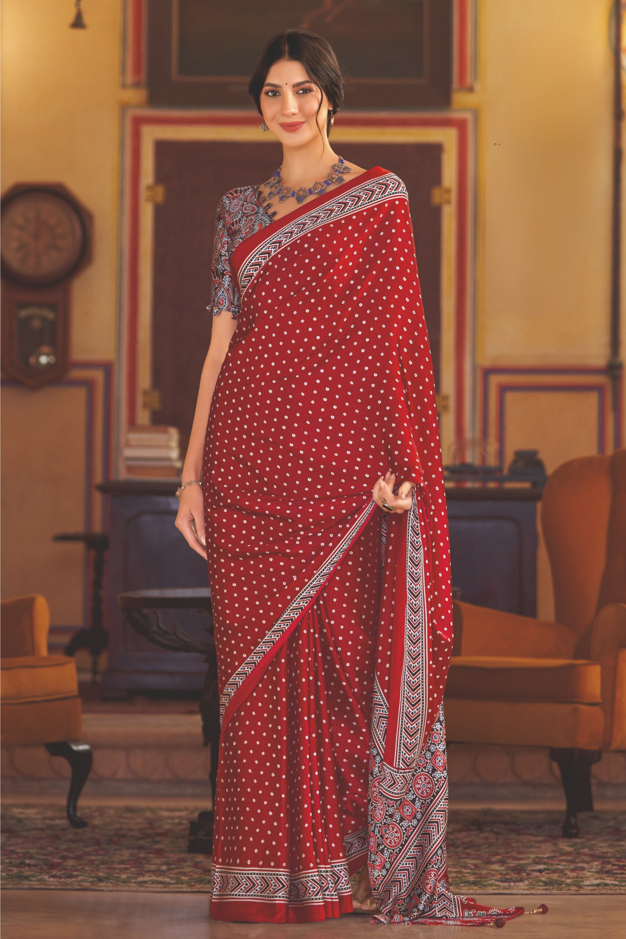 Buy MySilkLove Medium Carmine Red Ajrakh Printed Satin Crepe Saree Online