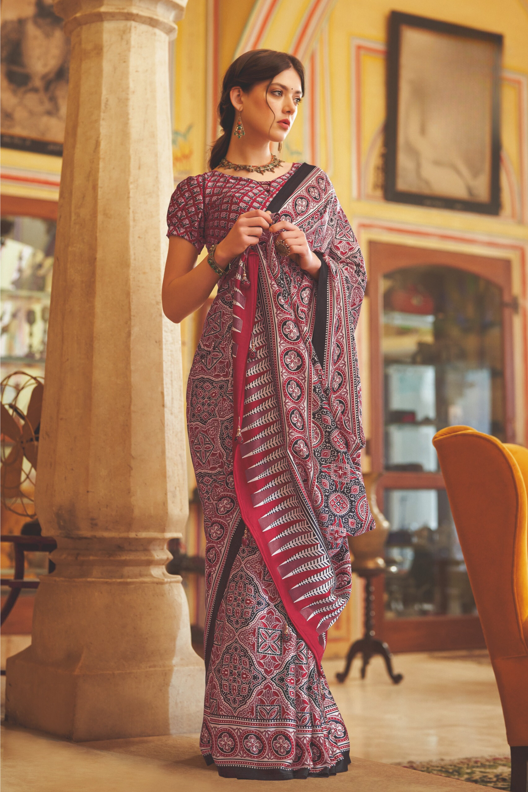 Buy MySilkLove Stiletto Maroon Ajrakh Printed Satin Crepe Saree Online