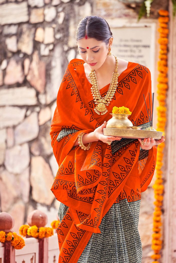 MySilkLove Mahashivratri Special : Orange Bhagalpuri Print Saree